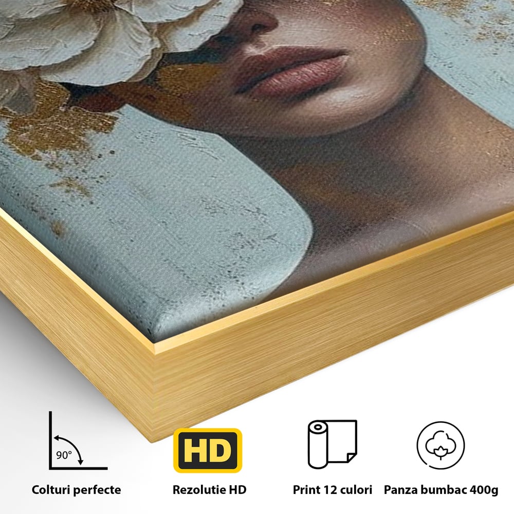 Detaliu al suprafetei: tablou portret femeie cu flori albe, in rama de aluminiu auriu